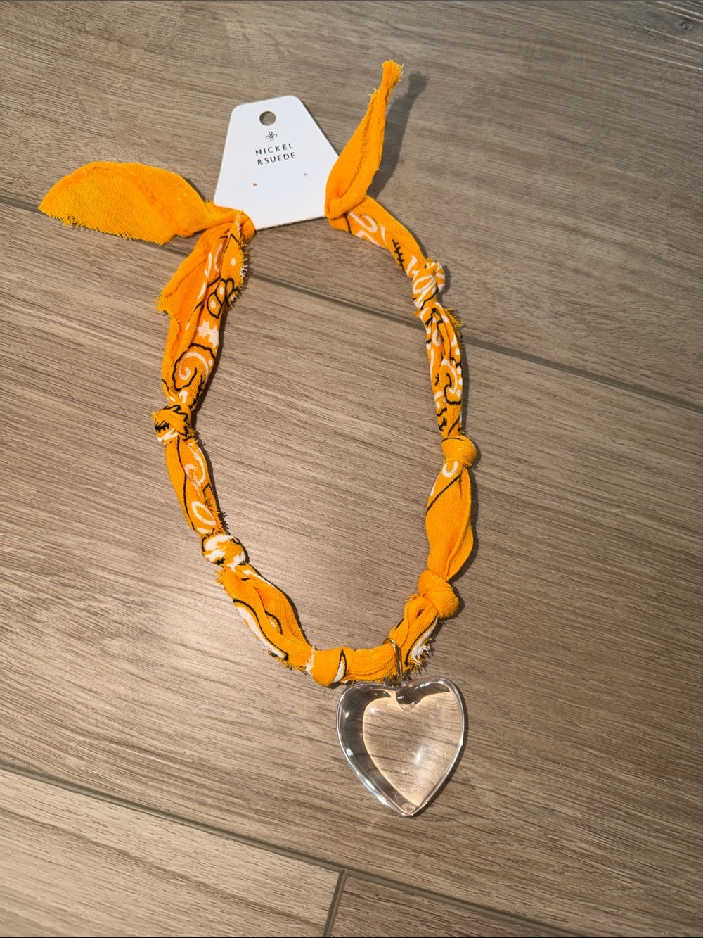Nickel & Suede bandana necklace  a bright   bandana & clear acrylic heart charm